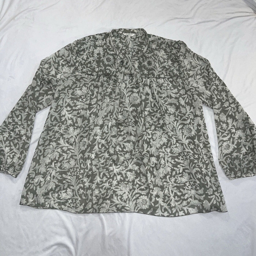 Lucky Brand XL Beautiful Floral Blouse With Embellished Beaded Details Tie Neck
